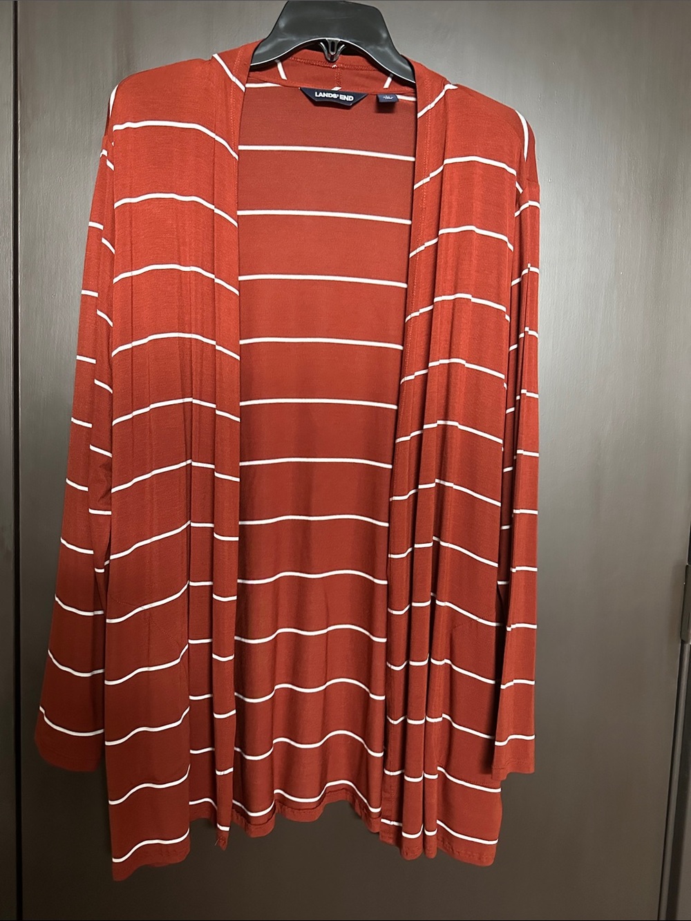 Land's End Rust/White Stripe Long Sleeve Open Front Rayon/Spandex Cardigan